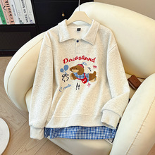 实拍特价长袖t恤卫衣女设计感新款潮秋季假两件中长宽松POLO上衣