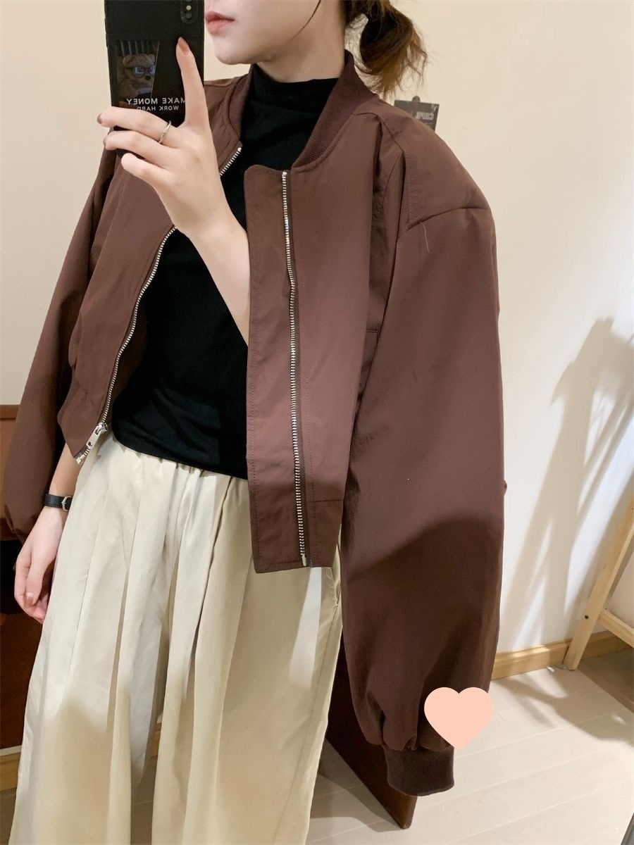 宽松显高短款帅气棒球服女秋季新款灯笼袖圆领休闲小个子外套韩版