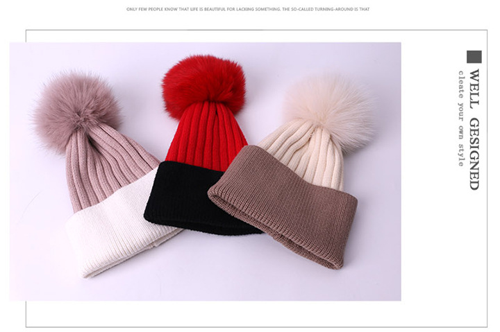 Chapeau chaud d'automne et d'hiver en forme de boule de renard, couleur unie, tricoté, pour adultes et enfants, mode parent-enfant_voghion.com