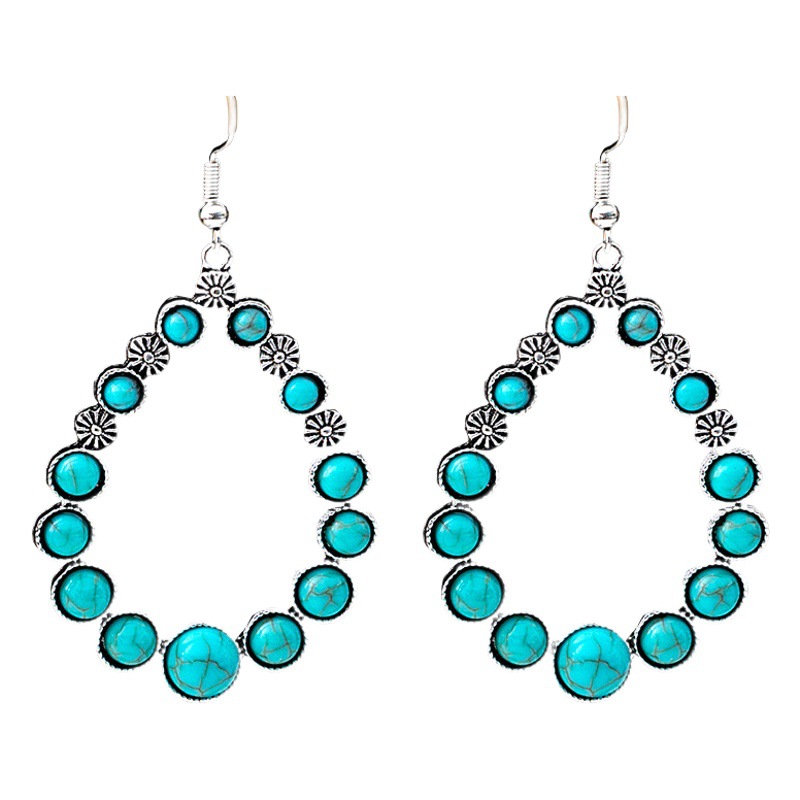 European and American Retro Ethnic Style Blue Turquoise Earrings Hollow Ring Flower Tassel Earrings Owl Water Drop Earrings