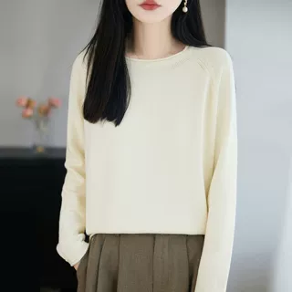 跨境批发复古纯棉线慵懒休闲圆领长袖针织衫女时尚插肩袖纯色打底