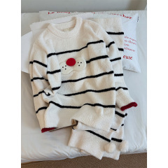 【现货】酷猫条纹针织半边绒睡衣女秋冬季加厚加绒家居服保暖套装