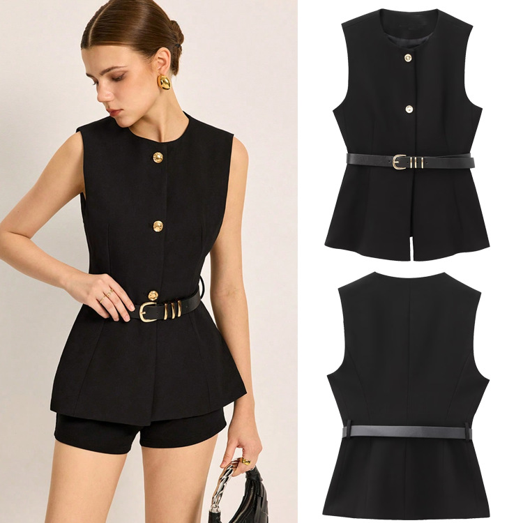 Women's Sleeveless Vest Round Neck Top With Waistband American Style Spring New Collection Regular Polyester_ecoleips.com