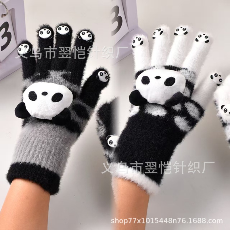 手套女士冬季露指触屏加厚保暖男女学生写字防寒毛绒熊猫防冻手套|undefined