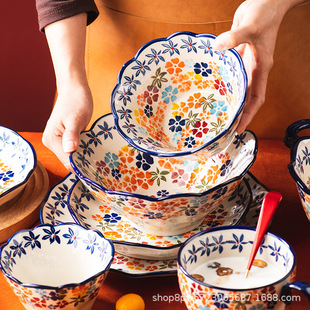 Colorful Boxi ethnic style flower hand painted underglaze household ceramic bowl dish suit noodle soup large Bowl Spoon cross-border