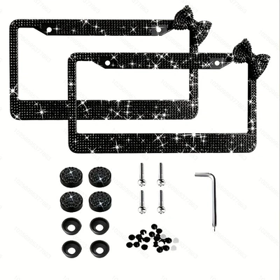 New cross-border model, US standard, diamond-embellished bow-shaped license plate frame, acrylic home car license plate protector, license plate holder (License plate holder/license plate holder) - black-two-piece-set