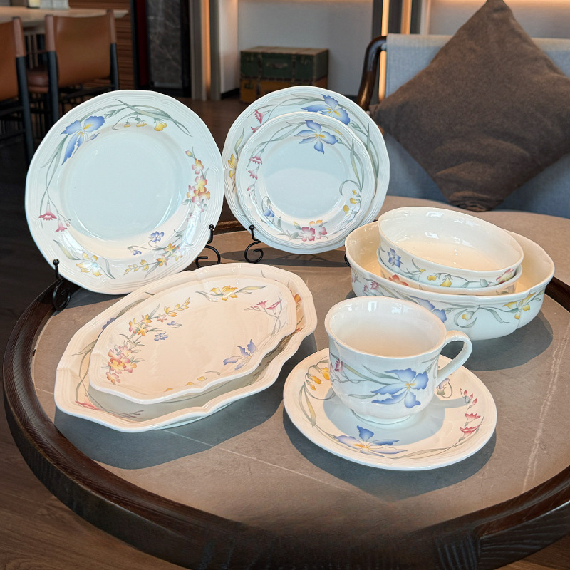 French-Style Vintage Floral Ceramic Tableware Set, Ceramic Plates, Dessert Plates, Ceramic Bowls, Coffee Cups and Saucers