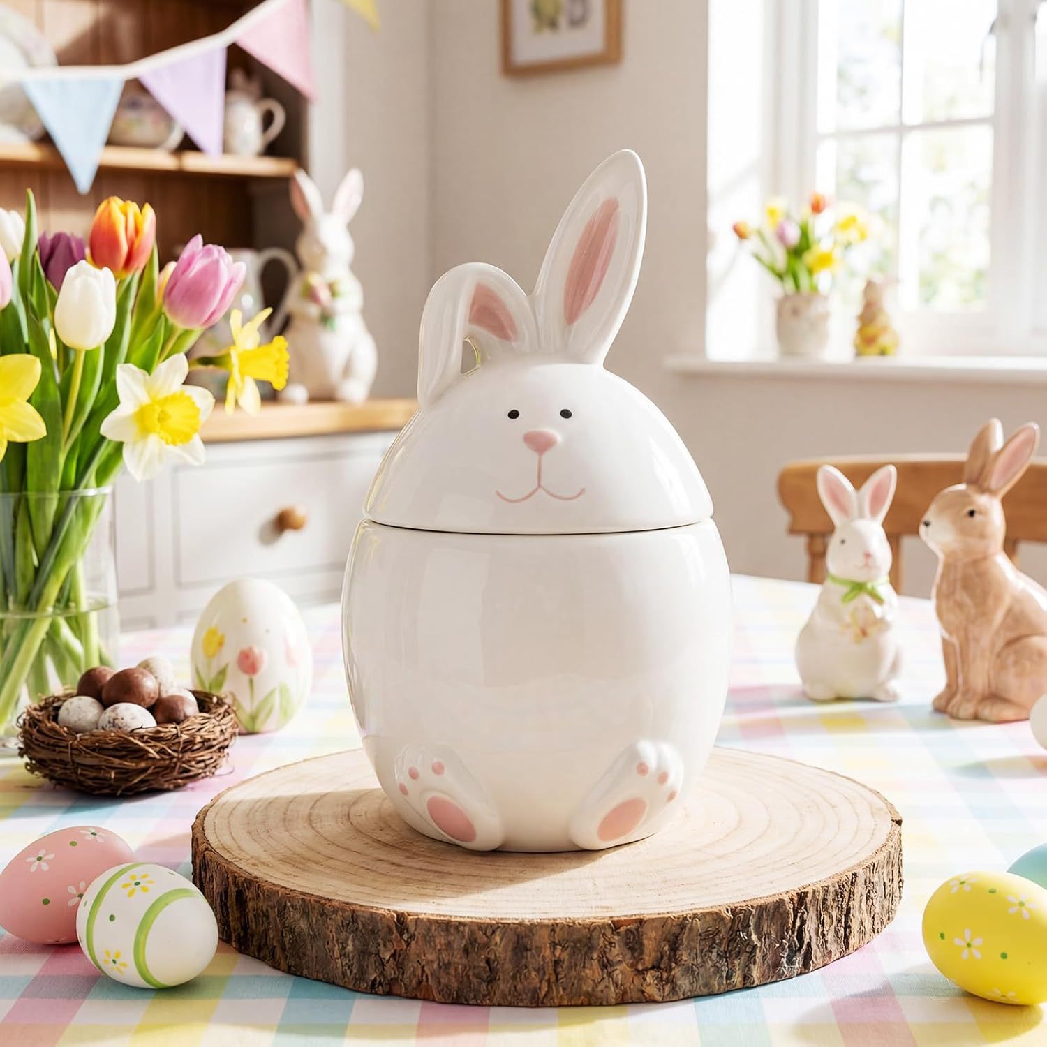 Gandeer Easter Bunny Ceramic Cookie Jar Candy Dish with Lid Bunny Easter Egg Candy Jar