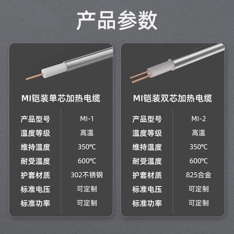铠装MI加热丝矿物绝缘电缆大功率耐高温伴热带304不锈钢单芯双芯