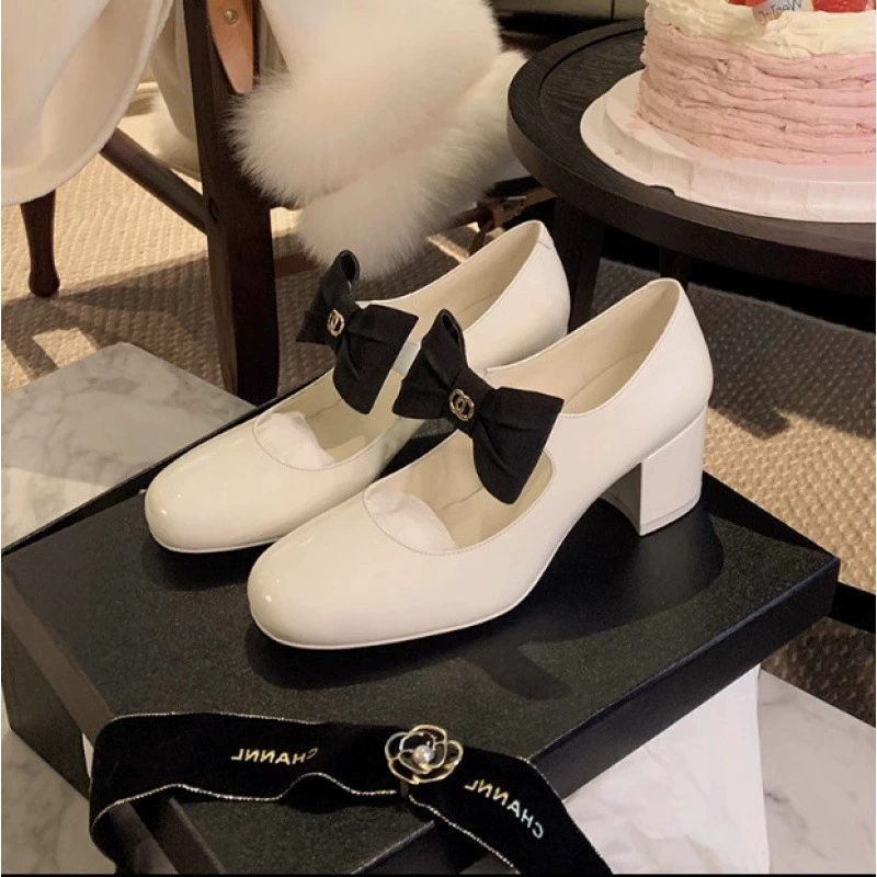 Туфли Мэри Джейн на высоком каблуке с бантом в стиле Chanel, винного цвета, 2024 года, новая французская модель на массивном каблуке, кожаные, размер 5.