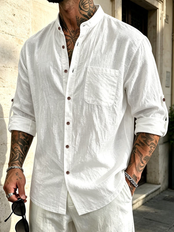 2026 Cross-Border Amazon American-Style Men's Hawaiian-Style Stand-Up Collar Breathable Linen Henley Collar Casual Long-Sleeved Shirt 2026 Cross-Border Amazon American-Style Men's Hawaiian-Style Stand-Up Collar Breathable Linen Henley Collar Casual Long-Sleeved Shirt
