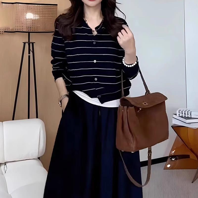 大码宽松慵懒风条纹毛针织衫女2025秋季新款洋气百搭正肩显瘦上衣|undefined