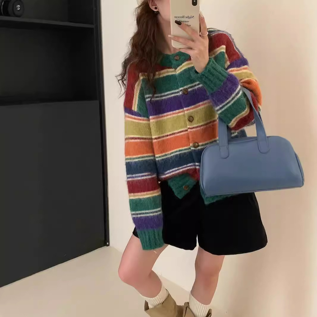 Autumn retro rainbow knitted cardigan