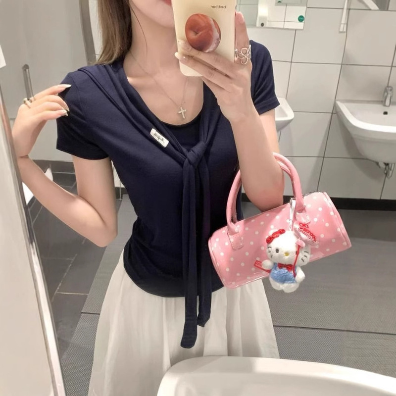 [260g Rayon Modal] V-Neck Right Shoulder Short-Sleeved T-Shirt for Hot Girls with Shawl Navy Collar Top Ins