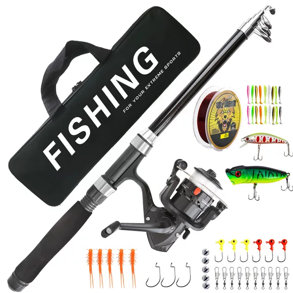 Cross-Border Fishing Gear Wholesale Fiberglass Fishing Rod Soft Bait New Model Black and Silver Telescopic Lure Rod Fishing Set Lure Rod