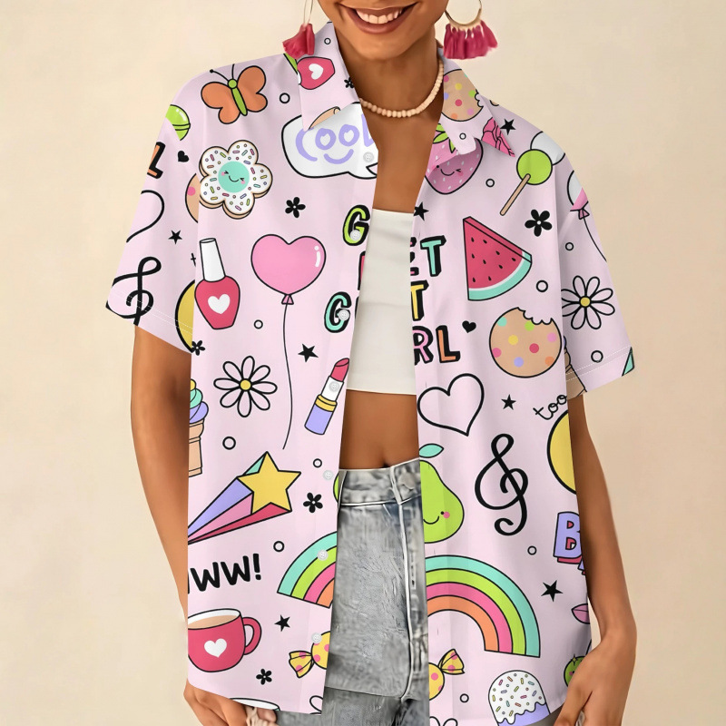Light pink cartoon rainbow dessert heart print turn-down collar short-sleeve shirt for girls, loose casual cardigan top Light pink cartoon rainbow dessert heart print turn-down collar short-sleeve shirt for girls, loose casual cardigan top