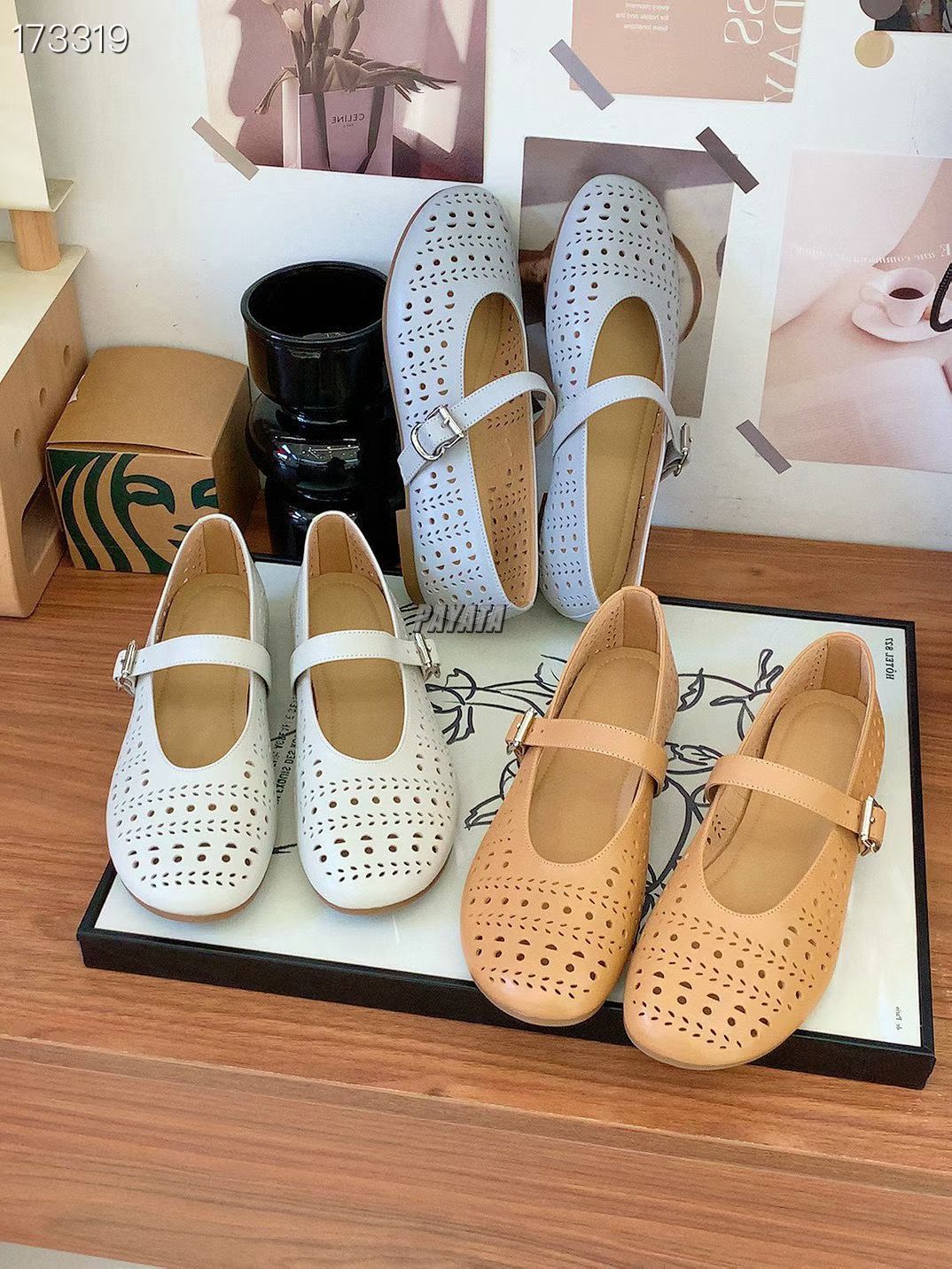 Giày bệt nữ mũi tròn miệng nông da thật đục lỗ thoáng khí — Màu mơ chi tiết 1