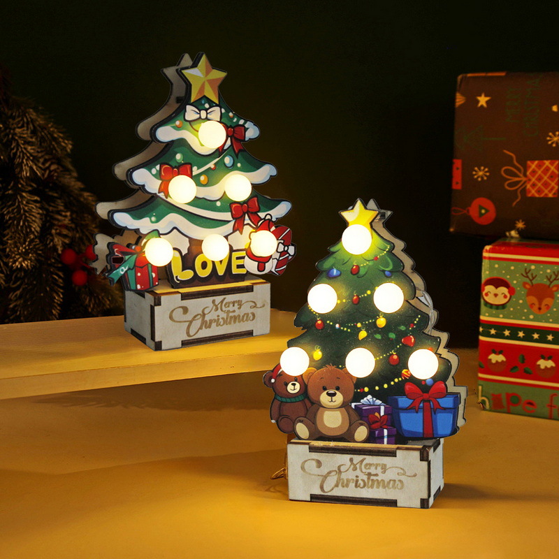 Mini árbol de Navidad de madera, vacaciones navideñas, decoración de fiesta en el hogar, regalo, decoración de árbol pequeño luminoso de mesa