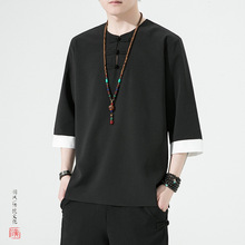 2023春夏新款中国风大码宋制拼色现货冰丝T恤男装休闲改良式汉服