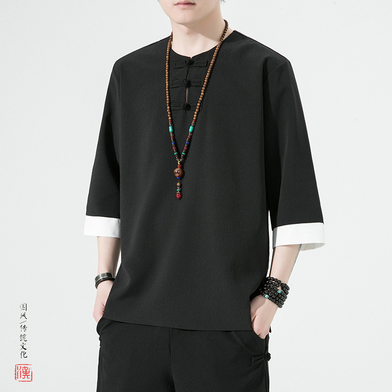2023 spring and summer new Chinese style plus size song color matching in stock ice silk T-shirt men's casual modified Hanfu