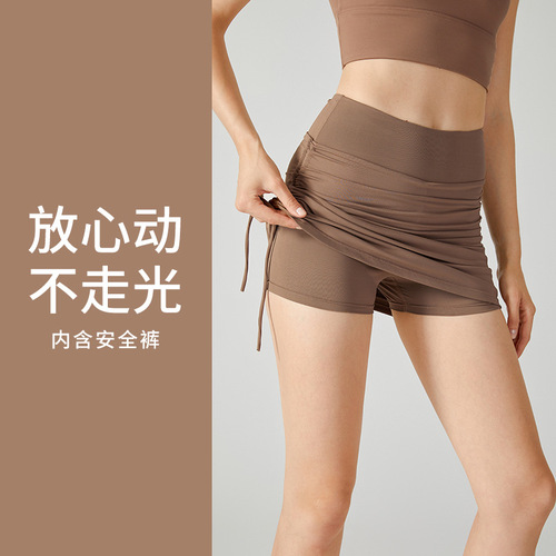 New spring and summer European and American high-waisted yoga pants with drawstring straps, internet celebrity skirt, fake two-piece anti-exposure culottes for women