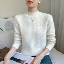 山羊绒秋冬新款半高加厚插肩菱形双层领羊毛衫宽松针织打底衫毛衣
