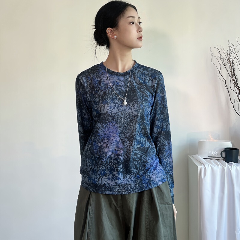 Real Shot of 2025 Autumn and Winter Fashionable High-Elastic Mesh Long-Sleeved T-Shirt Printed Round Neck Versatile Tops for Women