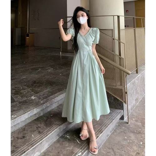 Summer Style Chic Unique Whitening V-Neck Bubblesleeve Dress New Slimming Tea Party French Waist Cinching Gentle Long Dress