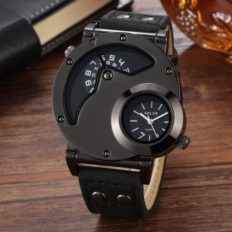 Temu Cross Border Hot Selling Outdoor Sports Watch Vintage Denim Strap Dual Movement Dual Time Zone Display Men's Watch