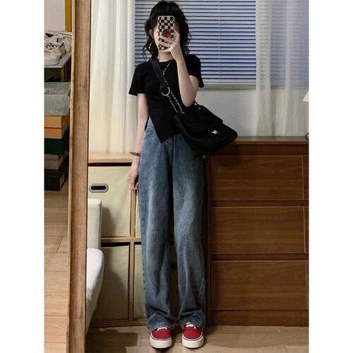 Summer Pear Shape Outfit One-Piece Set Asymmetrical T-Shirt Wide Leg Jeans Playful and Lively Youthful Two-Piece Set Instagram Style