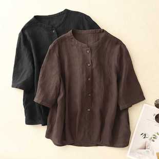 Actual Shot of 2025 New Classy Cotton and Linen Artistic Casual Style Loose Casual Stand-Up Collar Artistic Short-Sleeved Shirt