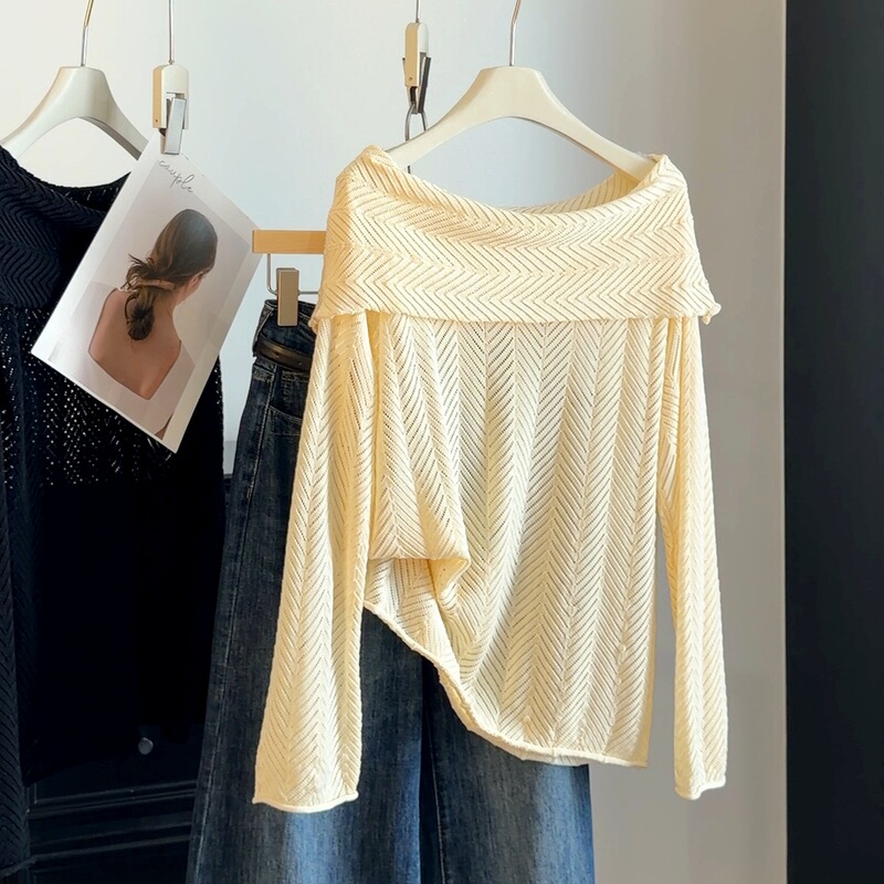 Thin, hollowed-out, slightly sheer, off-shoulder knit top for women, new autumn style, wavy pattern, loose-fitting, slimming top
