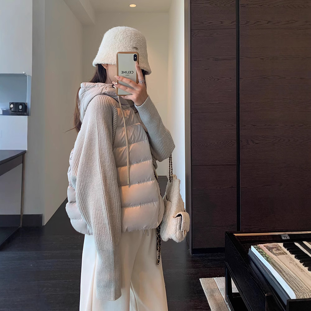 小众设计 时髦针织拼接厚外套短款连帽羽绒服女24秋冬新款F110425