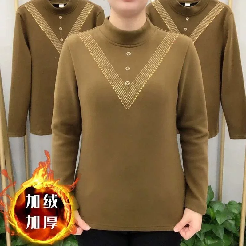 Двусторонняя немецкая вельветовая рубашка с воротником-стойкой, новая осенне-зимняя модель, теплый топ с длинными рукавами и стразами для женщин среднего возраста.