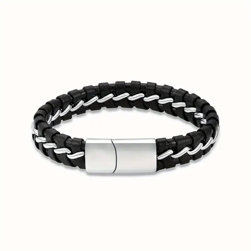 Cross-Border New European And American Men's Ash Retro Woven Leather Rope Magnetic Clasp Memorial Bracelet Bangle_voghion.com