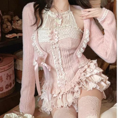 【港姐】秋春夏甜美少女长袖秋季蝴蝶结针织新款套装开衫蛋糕上衣