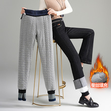 加绒加厚女裤微喇叭牛仔裤松紧高腰女士棉裤外穿妈妈秋冬季新款爆