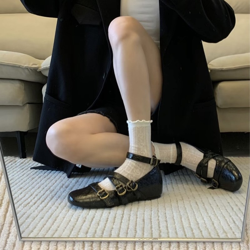 秋季设计感交叉绑带坡跟单鞋女士小众复古小皮鞋浅口内增玛丽珍鞋|undefined