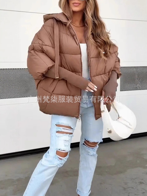 欧美跨境2025秋冬亚马逊纯色连帽羽绒服时尚抽绳休闲棉衣夹克外套|undefined