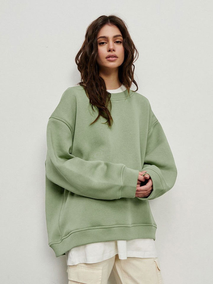 Áo sweatshirt nữ cổ tròn dáng rộng oversize tay dài chất liệu nỉ lông — Hoa màu xám, Màu cà phê, Màu trắng, Xanh navy