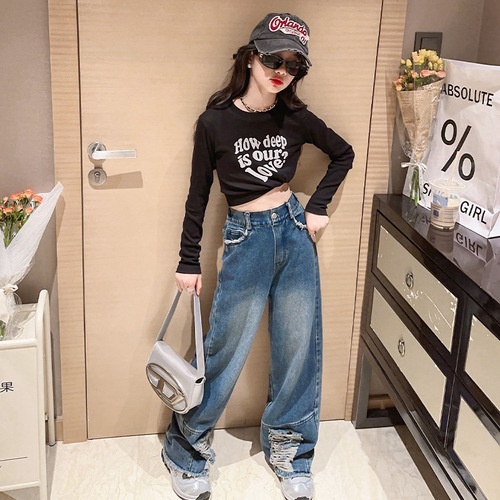 Girls' long-sleeved bottoming shirts, autumn clothes, new Korean style, fashionable children's fashion, niche design, wide-leg jeans, trendy