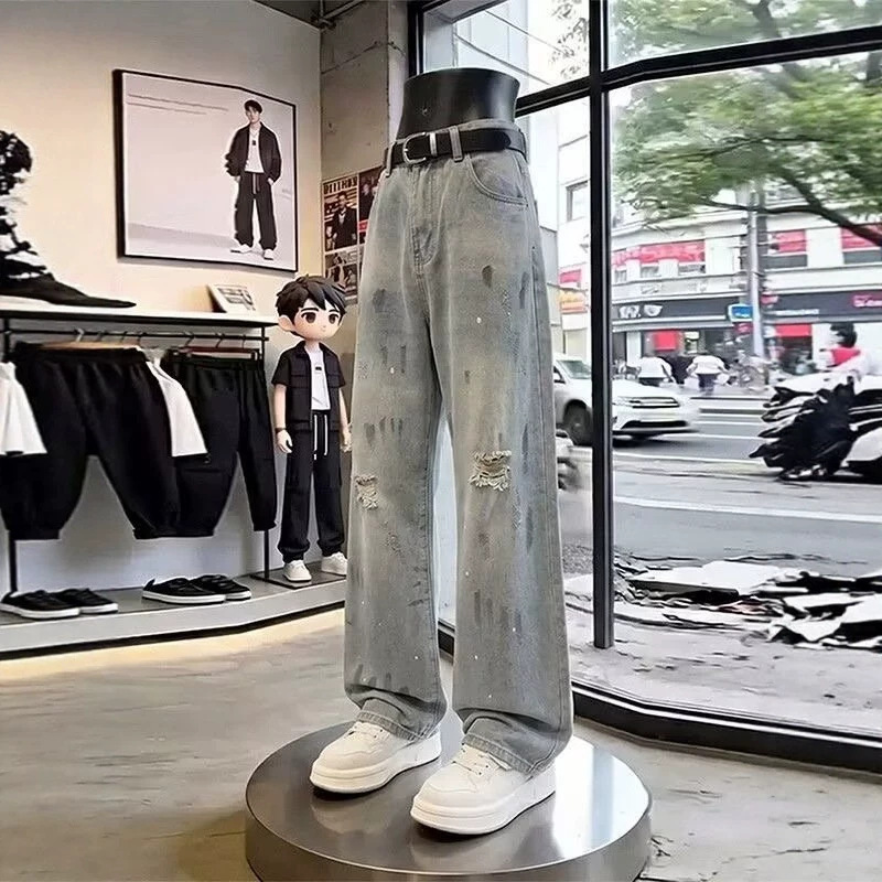 American retro ripped jeans for early autumn, men's trendy loose wide-leg pants with splatter-paint design and floor-length design American retro ripped jeans for early autumn, men's trendy loose wide-leg pants with splatter-paint design and floor-length design