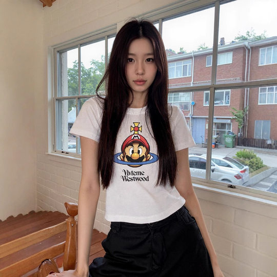 SISION25 New T-shirt Women's Slim-fit Cartoon Animation Super Mary Shoulder T Casual Summer Top te