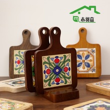 现货实木瓷砖杯垫手柄隔热锅垫简约家用实木餐桌垫煲汤砂锅垫