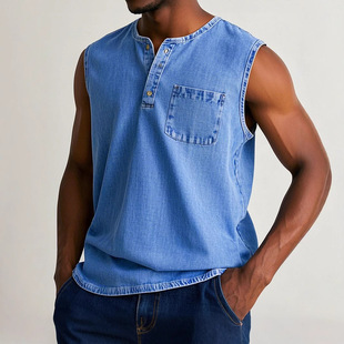 Spring and Autumn European and American Cross-border Men's 3D Printing Three-button Sleeveless T-shirt Young Men's Casual Trendy Open Placket T-shirt