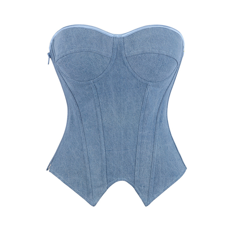 New Style Denim Fabric Light Blue Bustier Top with Cup Support for Women, Shapewear Top, Amazon Aliexpress Source