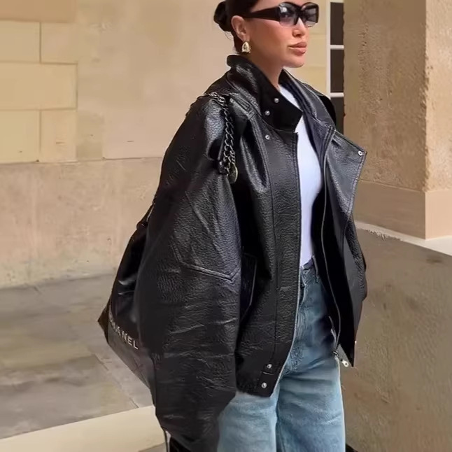 Foreign Trade Cross-Border 2026Za Series European and American Style Retro Motorcycle Leather Jacket with Stand Collar Foreign Trade Cross-Border 2026Za Series European and American Style Retro Motorcycle Leather Jacket with Stand Collar