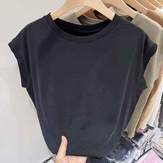 Shoulder T-shirt Women's 2025 New Women's Spring Solid Color Round Neck Cotton T-shirt Temperament Flying Sleeve Loose Belly Covering Top