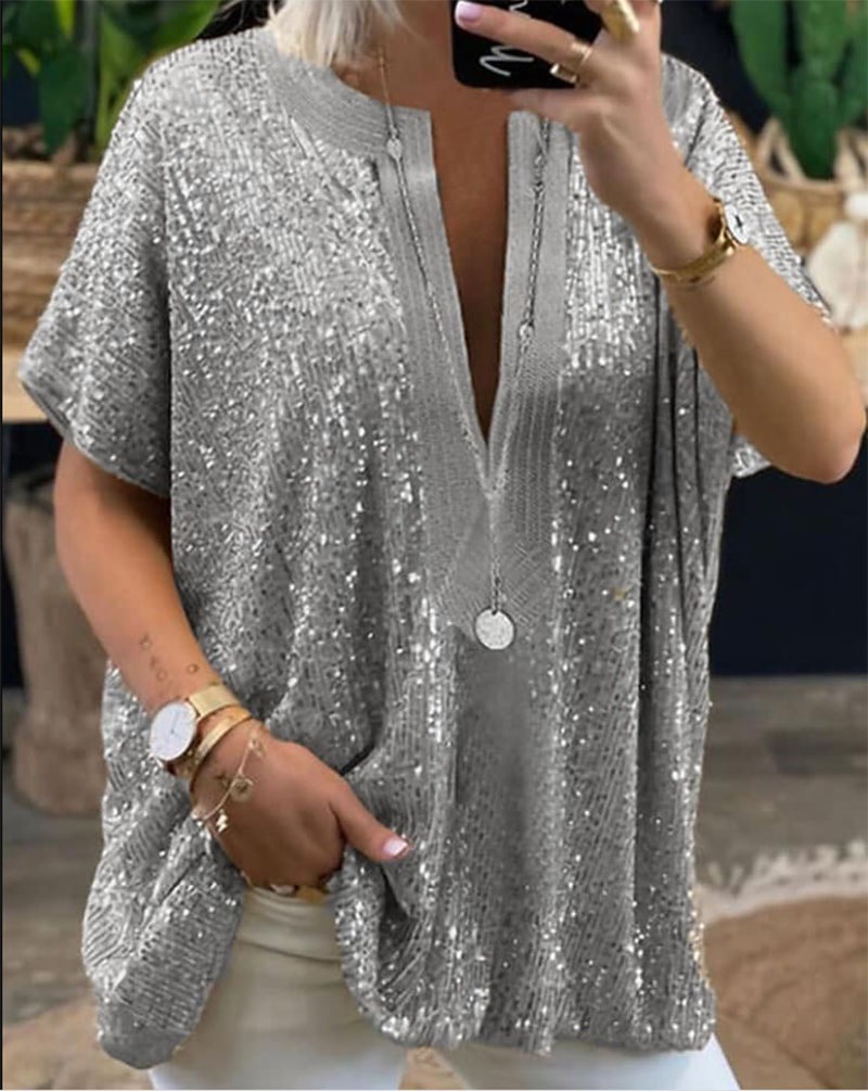 Abbigliamento donna casual, camicetta a maniche corte con scollo a V e paillettes, vestibilità ampia, top con scollo a V profondo per abbigliamento casual_voghion.com