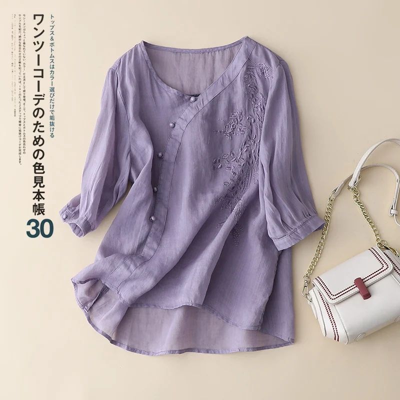 Purple Short-sleeved Cotton and Linen Shirt Women's Slim-looking chubby girl Belly-covering Loose plus size Cotton and Linen Top with Buckle for Mother Summer